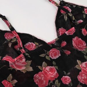 Rose Printed Lace Patchwork Mesh Cami Top - Y2K Aesthetic Cute Crop Top for Coquette Style