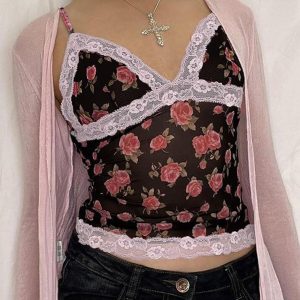 Rose Printed Lace Patchwork Mesh Cami Top - Y2K Aesthetic Cute Crop Top for Coquette Style