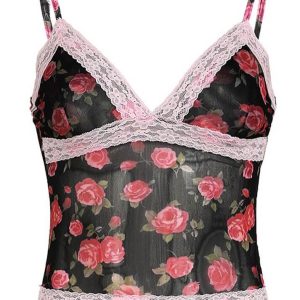 Rose Printed Lace Patchwork Mesh Cami Top - Y2K Aesthetic Cute Crop Top for Coquette Style