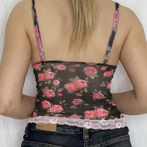 Rose Printed Lace Patchwork Mesh Cami Top - Y2K Aesthetic Cute Crop Top for Coquette Style