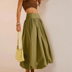 Ruched Bubble Hem Midi Skirt - Y2K Aesthetic Fashion for Trendy Outfits