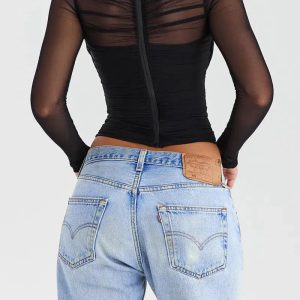 Ruched Sheer Mesh Zip-Up Top for Y2K Aesthetic and Coquette Style Outfits