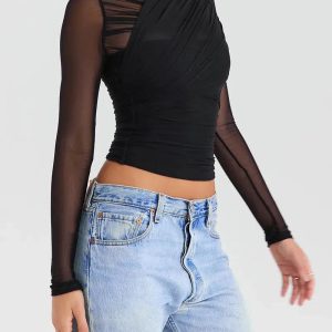 Ruched Sheer Mesh Zip-Up Top for Y2K Aesthetic and Coquette Style Outfits