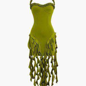 Ruffle Tassel Halter Mini Dress - Y2K Aesthetic Cute Top for Coquette Style Outfits