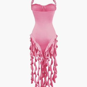 Ruffle Tassel Halter Mini Dress - Y2K Aesthetic Cute Top for Coquette Style Outfits