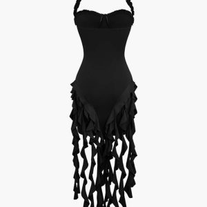 Ruffle Tassel Halter Mini Dress - Y2K Aesthetic Cute Top for Coquette Style Outfits