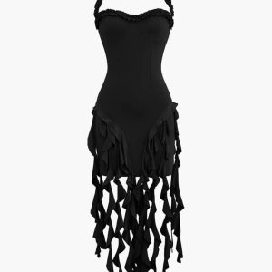 Ruffle Tassel Halter Mini Dress - Y2K Aesthetic Cute Top for Coquette Style Outfits