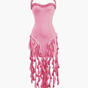 Ruffle Tassel Halter Mini Dress - Y2K Aesthetic Cute Top for Coquette Style Outfits