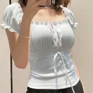 Ruffle Tie Solid White Bubble Sleeve Top - Y2K Fashion Cute Aesthetic Tee