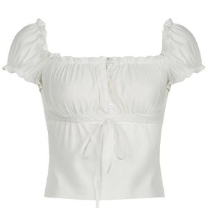 Ruffle Tie Solid White Bubble Sleeve Top - Y2K Fashion Cute Aesthetic Tee