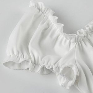 Ruffle Tie Solid White Bubble Sleeve Top - Y2K Fashion Cute Aesthetic Tee