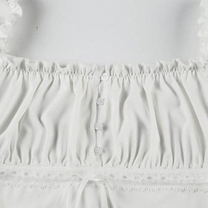 Ruffle Tie Solid White Bubble Sleeve Top - Y2K Fashion Cute Aesthetic Tee