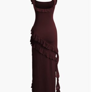 Ruffle Trim Square Neck Sleeveless Maxi Dress - Y2K Aesthetic Elegant Summer Style