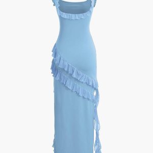 Ruffle Trim Square Neck Sleeveless Maxi Dress - Y2K Aesthetic Elegant Summer Style