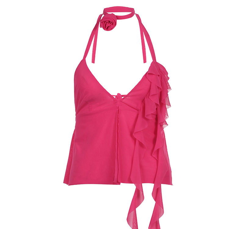 Ruffled Asymmetric Top with Rose Choker - Y2K Fashion Meets Coquette Aesthetic