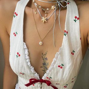 Ruffled Cherry Embroidery Halter Neck Top - Y2K Aesthetic Cute Crop Top for Stylish Outfits