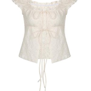 Ruffled Cutout Tied Short Sleeve Top - Y2K Aesthetic Cute Top for Coquette Style Outfits