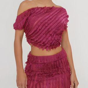 Ruffled One Shoulder Top & Mini Skirt Set - Y2K Aesthetic Two Piece Outfit