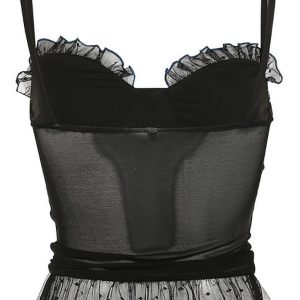 Ruffled-Trim Dotted Mesh Cami Top for Y2K Fashion and Coquette Aesthetic Outfits