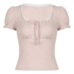 Ruffled-Trim Ribbon Bow Accent Y2K Style Slim-Fit Crop Top for Aesthetic Outfits