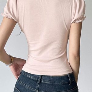 Ruffled-Trim Ribbon Bow Accent Y2K Style Slim-Fit Crop Top for Aesthetic Outfits