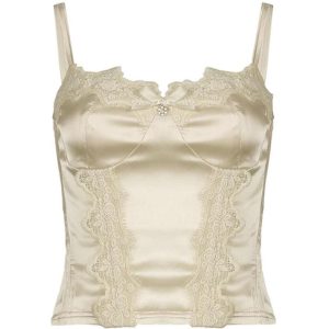 Satin Guipure Lace Splice Cami Top for Y2K Fashion and Coquette Aesthetic Outfits