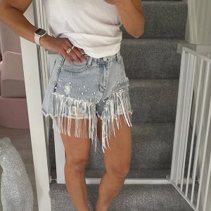 Sequin Tassel Pearl Embellished Denim Shorts for Y2K Fashion and Coquette Aesthetic