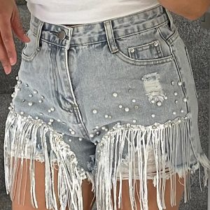 Sequin Tassel Pearl Embellished Denim Shorts for Y2K Fashion and Coquette Aesthetic