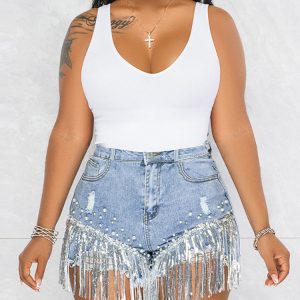 Sequin Tassel Pearl Embellished Denim Shorts for Y2K Fashion and Coquette Aesthetic