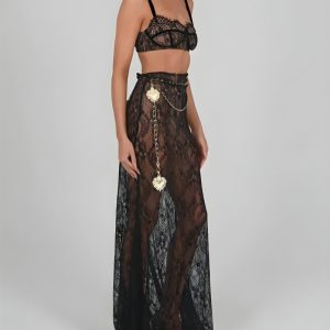 Sheer Lace Y2K Two-Piece Set for Coquette Aesthetic and Grunge Style Outfits