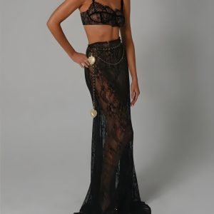 Sheer Lace Y2K Two-Piece Set for Coquette Aesthetic and Grunge Style Outfits