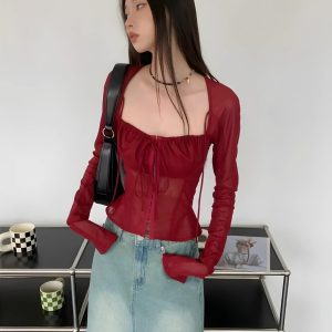 Sheer Ruched Lace-Up Top for Y2K Aesthetic Outfits and Coquette Style Fashion