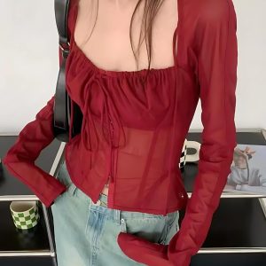 Sheer Ruched Lace-Up Top for Y2K Aesthetic Outfits and Coquette Style Fashion