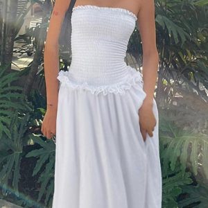 Shirred Tube Long Dress in Cotton Blend - Y2K Aesthetic Fashion Essential