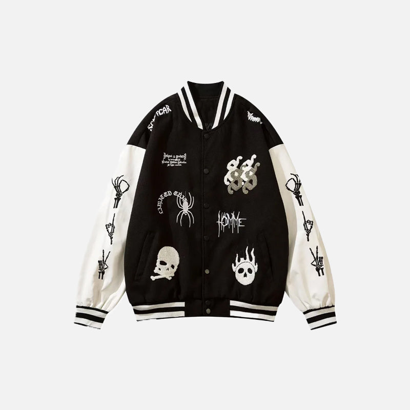 Skeleton Print Embroidery Y2K Varsity Jacket for Grunge Aesthetic Lovers