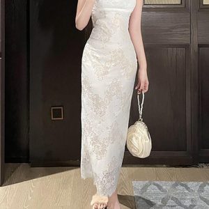 Slim Halter Lace Dress - Y2K Aesthetic Cute Dress for Coquette and Grunge Styles