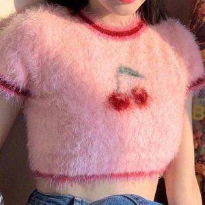 Soft Girl Aesthetic Cherry Fluffy Crop Top - Cute Y2K Style for Trendy Outfits