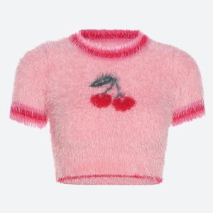 Soft Girl Aesthetic Cherry Fluffy Crop Top - Cute Y2K Style for Trendy Outfits