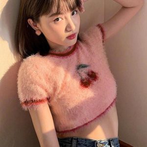 Soft Girl Aesthetic Cherry Fluffy Crop Top - Cute Y2K Style for Trendy Outfits