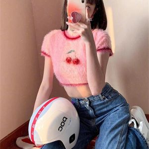 Soft Girl Aesthetic Cherry Fluffy Crop Top - Cute Y2K Style for Trendy Outfits