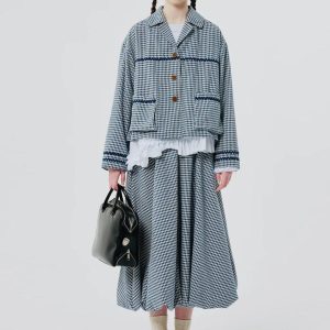 Soft Girl Aesthetic Plaid Bubble Midi Skirt - Y2K Fashion Statement Piece