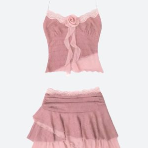 Soft Girl Aesthetic Rose Top & Mini Skirt Set - Cute Y2K Fashion Outfit