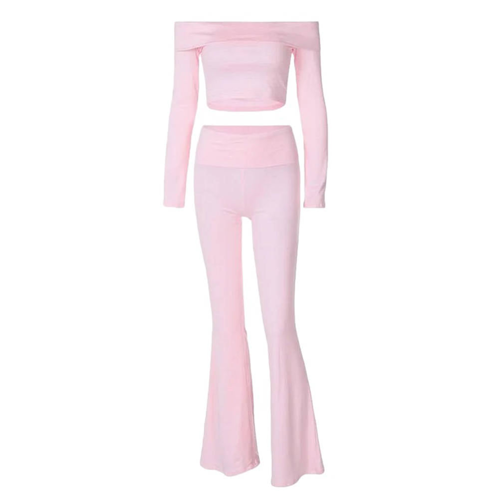 Soft Girl Bardot Top & Flare Pants Set | Y2K Aesthetic Co-Ord Outfit for Trendy Looks