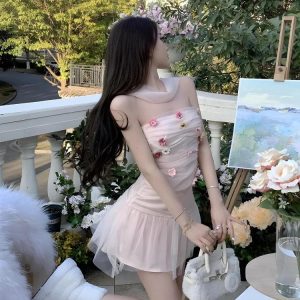 Soft Girl Floral Tube Top & Tulle Mini Skirt Y2K Aesthetic Two Piece Outfit Set