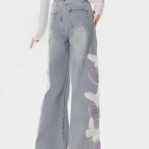 Soft Girl Fluffy Heart Butterfly Y2K Jeans - Cute Aesthetic Denim for Trendy Outfits