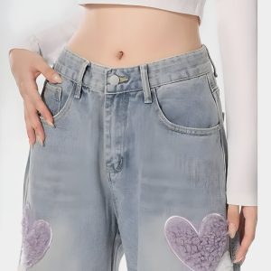 Soft Girl Fluffy Heart Butterfly Y2K Jeans - Cute Aesthetic Denim for Trendy Outfits