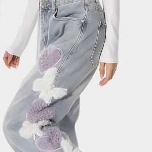 Soft Girl Fluffy Heart Butterfly Y2K Jeans - Cute Aesthetic Denim for Trendy Outfits