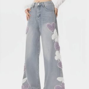 Soft Girl Fluffy Heart Butterfly Y2K Jeans - Cute Aesthetic Denim for Trendy Outfits