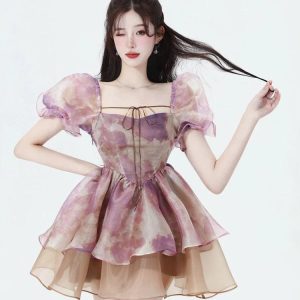 Soft Girl Puff Sleeve Layered Mini Dress - Y2K Aesthetic Cute Dress for Trendy Outfits