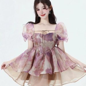 Soft Girl Puff Sleeve Layered Mini Dress - Y2K Aesthetic Cute Dress for Trendy Outfits